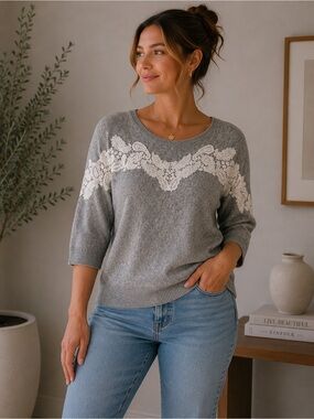 LOFT Heather Gray Sweater with Ivory Lace Accents Size XSP Lightweight Classic